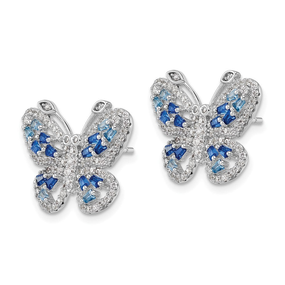 Sterling Silver Polished Light and Dark Blue CZ with Clear CZ Butterfly Earrings