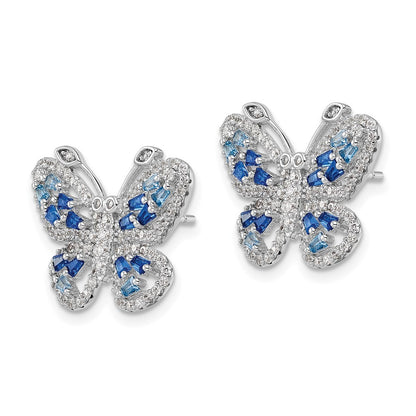 Sterling Silver Polished Light and Dark Blue CZ with Clear CZ Butterfly Earrings