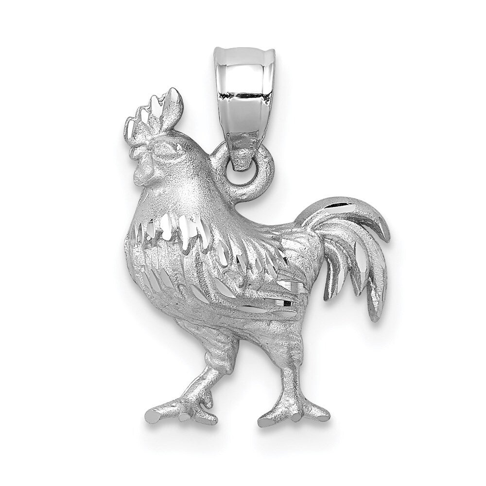 14k White Gold Satin Diamond-cut Rooster Pendant for Women