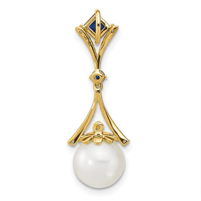 14k Yellow Gold Diamond 8-9mm FWC Pearl/Created Sapphire Chain Slide
