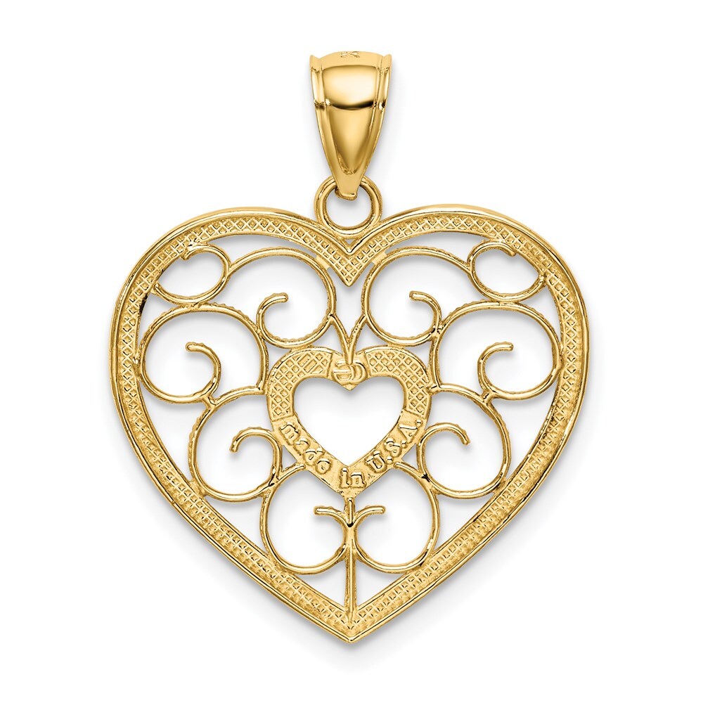 14k Yellow Gold  Rhodium Filigree Heart Charm Pendant for Women