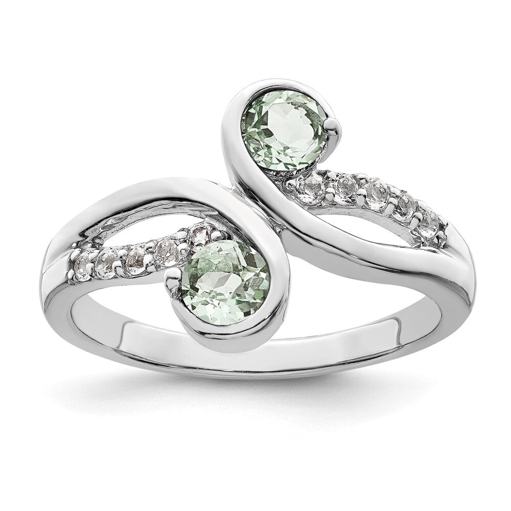 SS Rhod-plated .6t.w. Green Quartz & White Topaz Swirl Ring Size 7