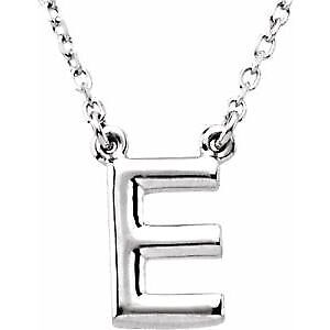 14k White Gold Block Initial E Pendant Necklace 16" for Women