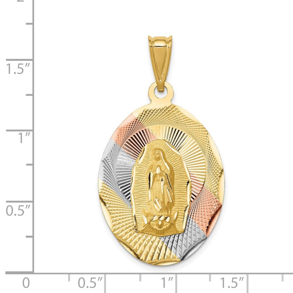 14k Yellow Gold Rhodium Diamond-Cut Lady Of Guadalupe Oval Pendant for Women