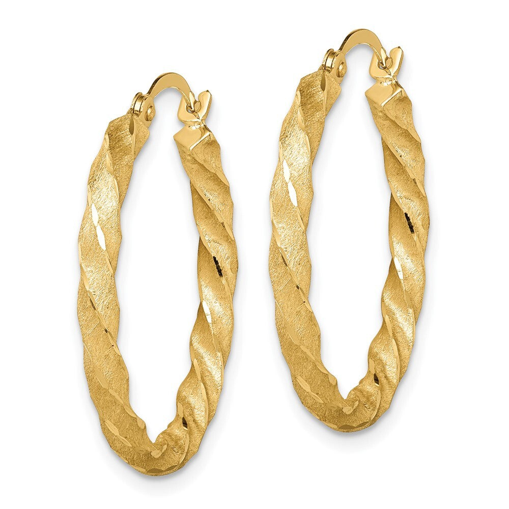 14k Yellow Gold Twisted Satin Diamond-Cut Hoop Earrings