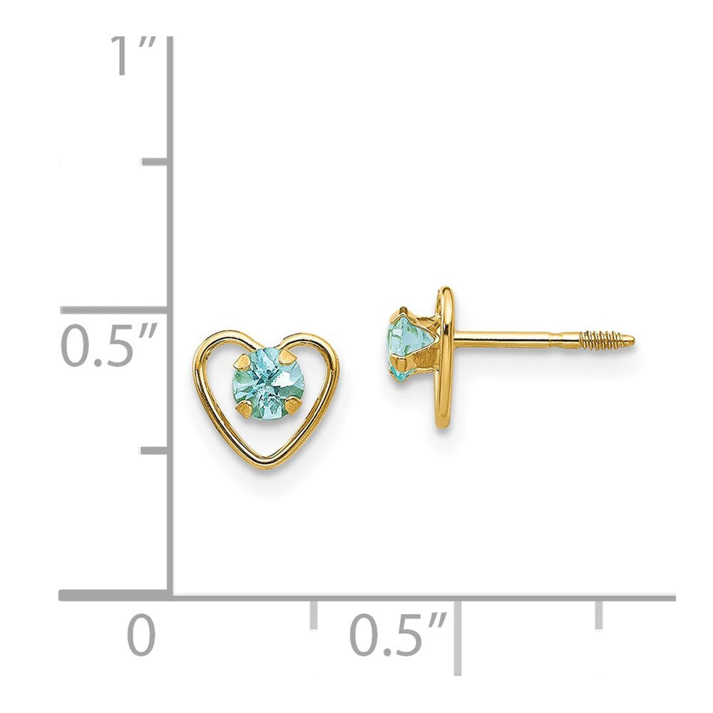 14k Yellow Gold 3mm Genuine Aquamarine Birthstone Heart Stud Earrings