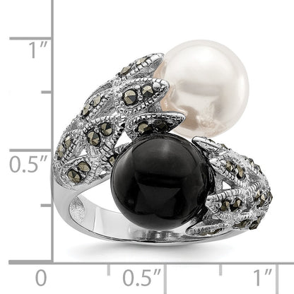 Sterling Silver Black and White Plastic Imitation Pearl Marcasite Ring Size 6