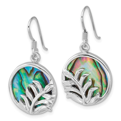 Sterling Silver Polished Round Abalone with Leaves Dangle Shepherd Hook Earrings