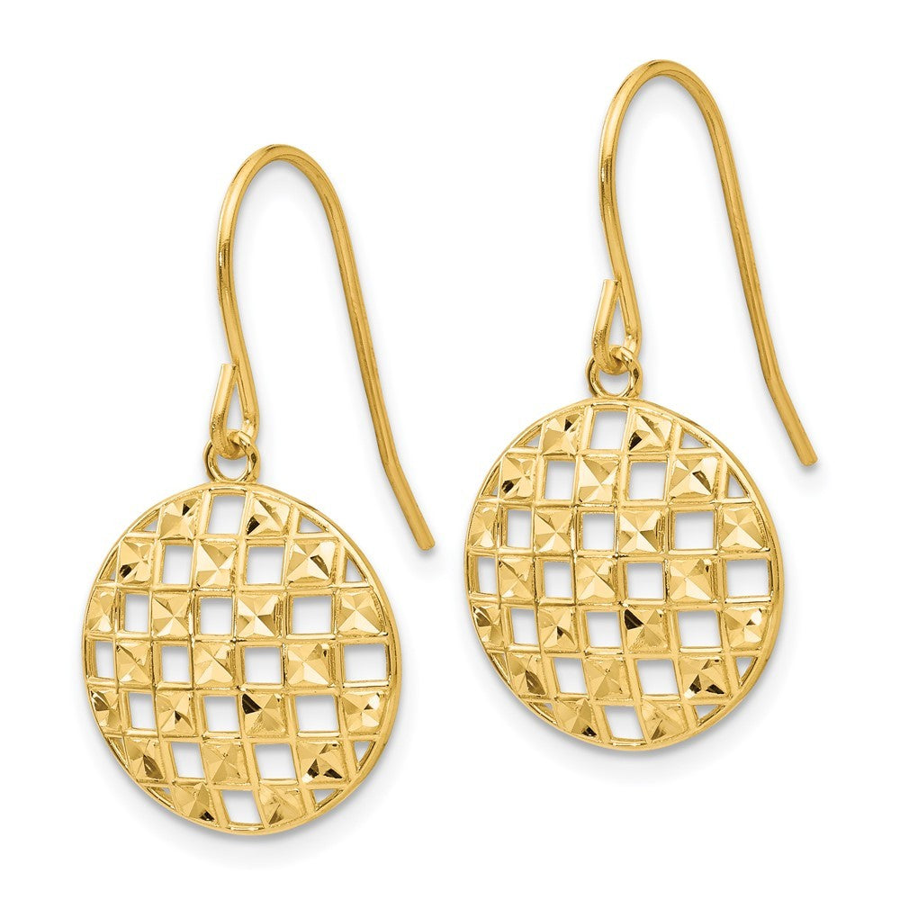 14k Yellow Gold Circle Diamond-cut Drop Dangle Earrings w/ Shepherd Hook