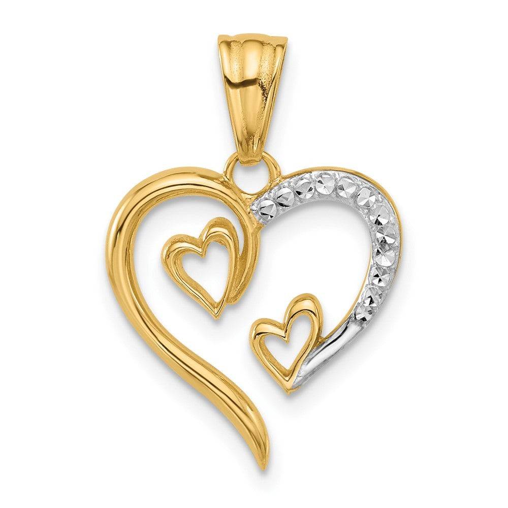 14k Yellow Gold with White Rhodium Diamond-cut Open Hearts Pendant