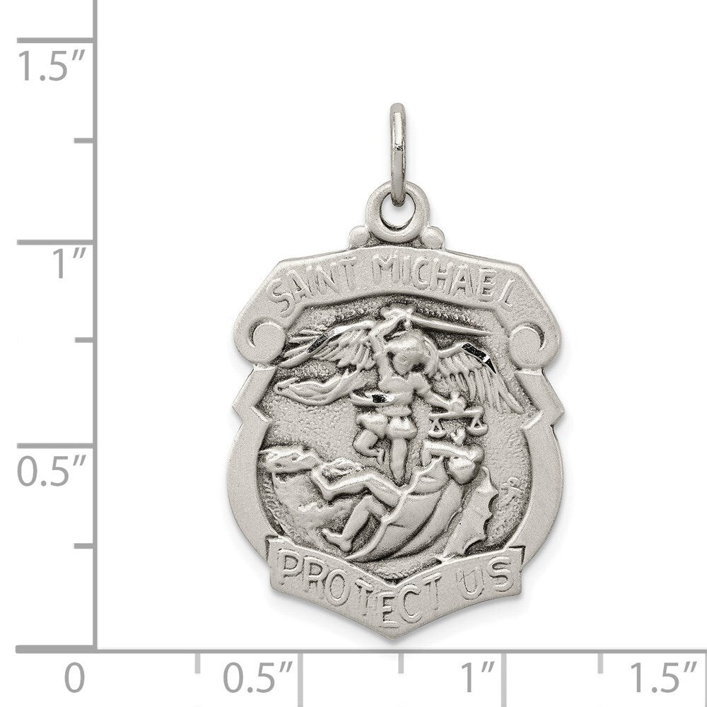 Sterling Silver Antiqued Diamond-cut St. Michael Badge Medal Pendant