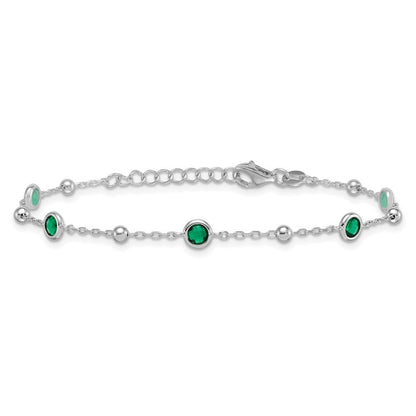 Sterling Silver and Beaded Bezel-set Round Green CZ 7" with 1" Ext Bracelet