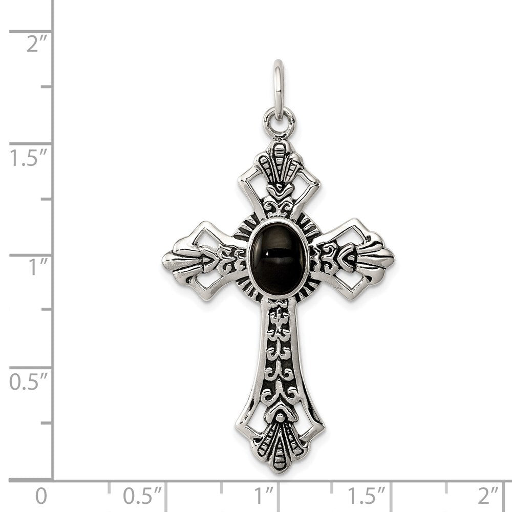 Sterling Silver Onyx Antiqued Cross Pendant Holiday Gift for Women