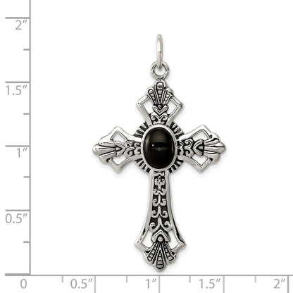 Sterling Silver Onyx Antiqued Cross Pendant Holiday Gift for Women