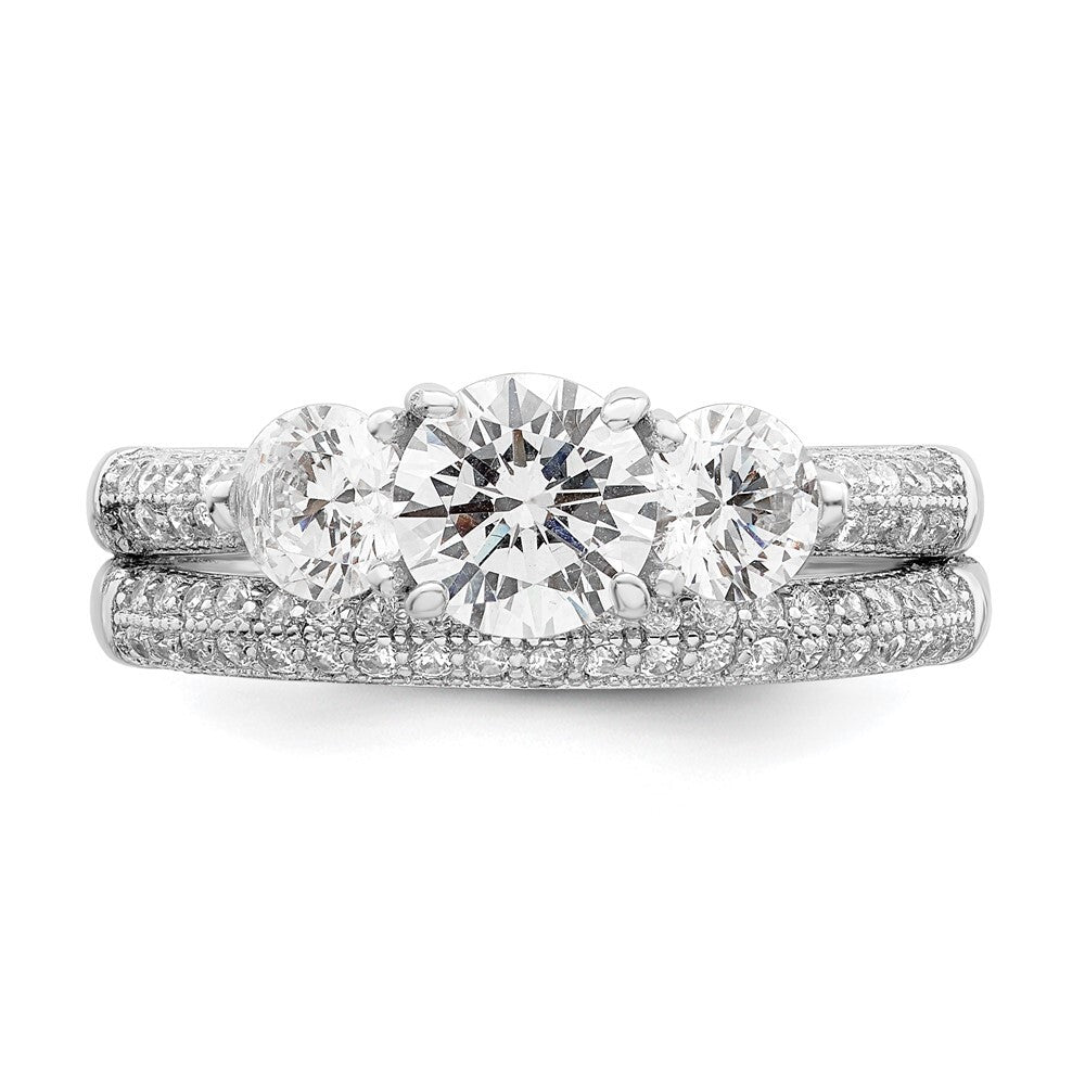 Sterling Silver Rhodium-plated CZ 3 Stone Pave Band Engagement Ring Set Size 8