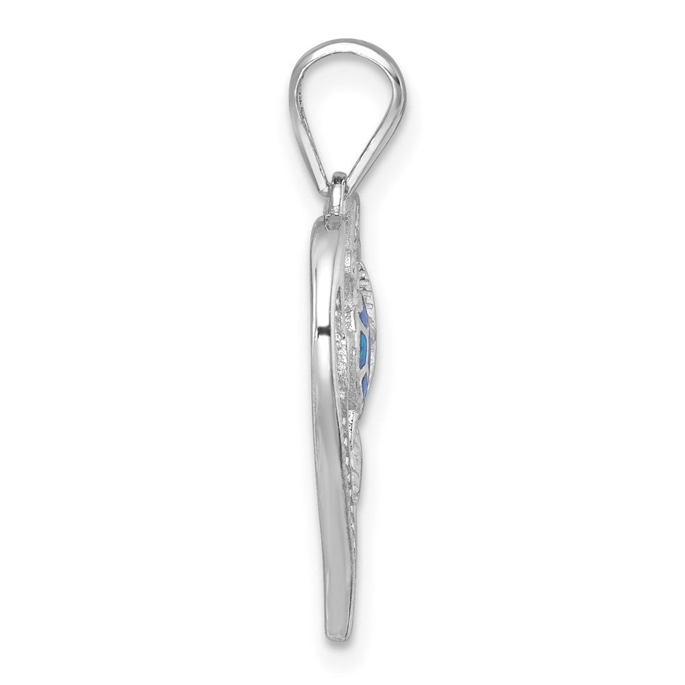 Sterling Silver Textured Blue Lab Created Opal and CZ Sealife Heart Pendant