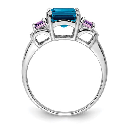 Sterling Silver Rhodium London Blue Topaz, Amethyst & Diamond Ring Size 10