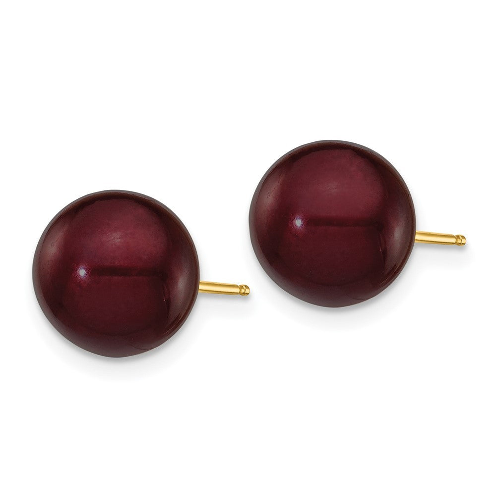 14k Yellow Gold 9-10mm Brown Round Freshwater Cultured Pearl Stud Post Earrings