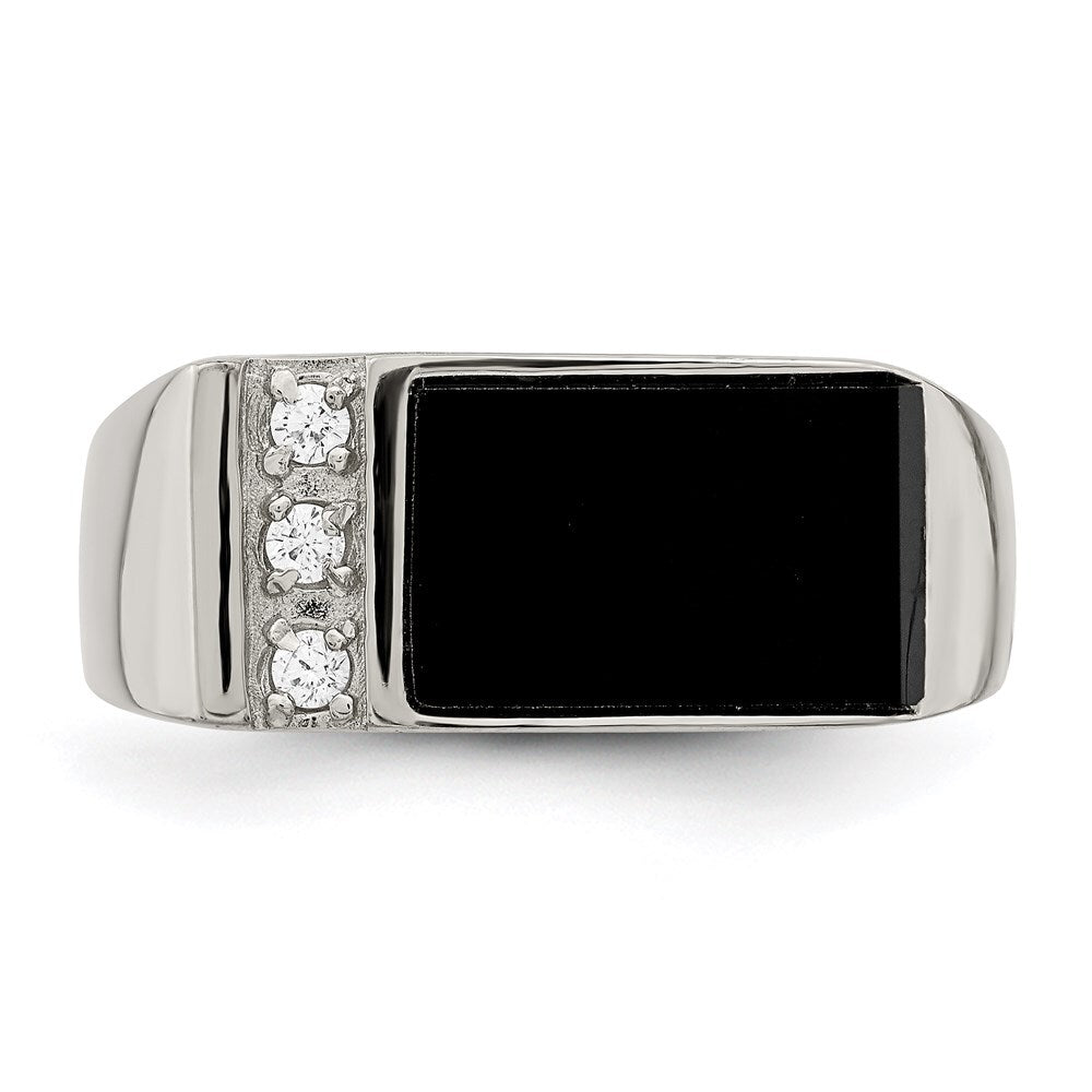 Sterling Silver Rhodium-plated Onyx & Cubic Zirconia Ring Size 10