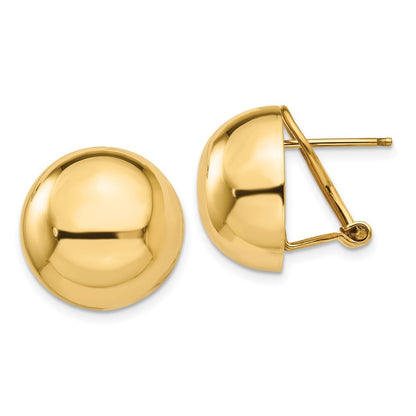 14k Yellow Gold Omega Clip 16mm Half Ball Stud Earrings