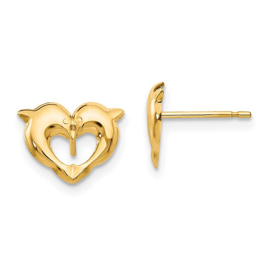 14k Yellow Gold Madi K Heart Dolphins Post Earrings