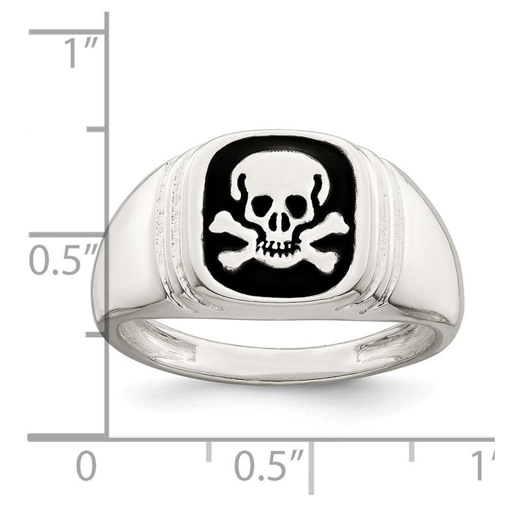 Sterling Silver Black Enameled Mens Skull and Crossbones Ring Size 9