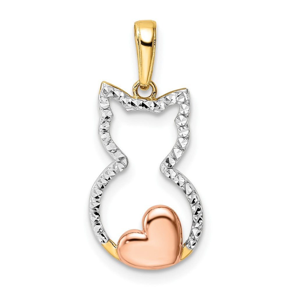 14k Yellow Gold w/White and Rose Rhodium Diamond-cut Cat w/ Heart Pendant