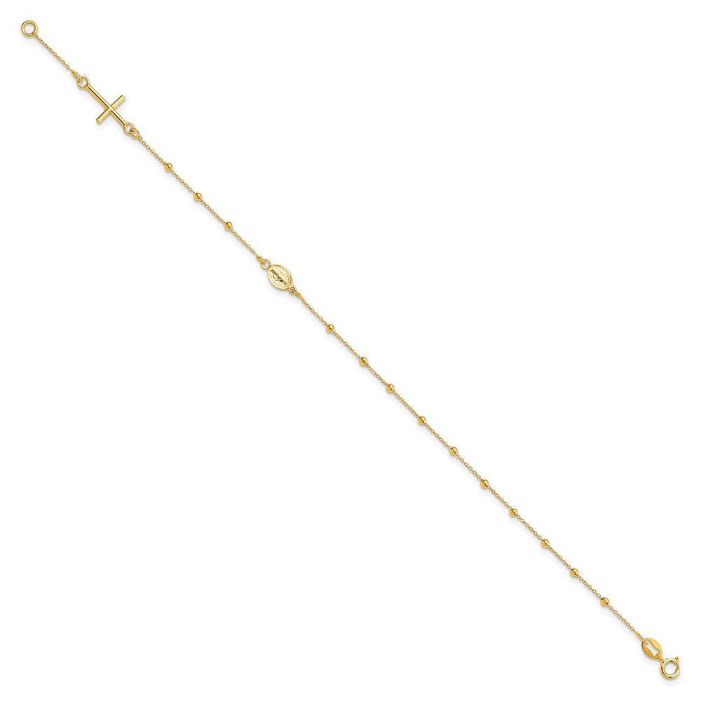 14k Yellow Gold Polished Cross and Miraculous Medal Beaded 7.5" Rosary Bracelet