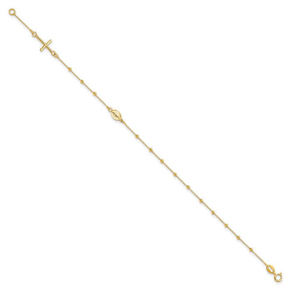 14k Yellow Gold Polished Cross and Miraculous Medal Beaded 7.5" Rosary Bracelet