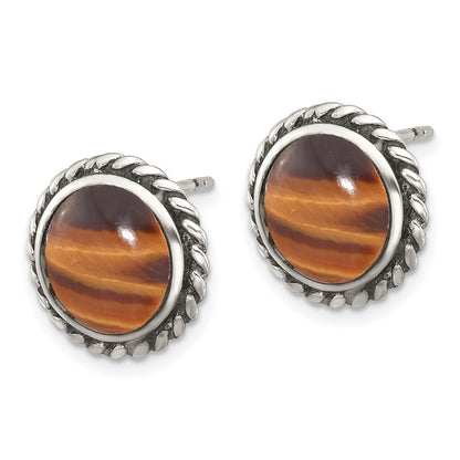 Sterling Silver Polished & Oxidized Twisted Edge Tiger's Eye Earrings