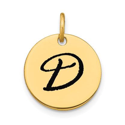 14k Yellow Gold Polished Black Enamel Letter D Initial Disk Charm Pendant