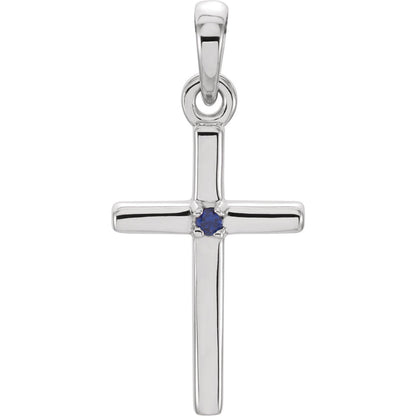 14k White Gold Natural Blue Sapphire Crucifix Catholic Cross Pendant for Women