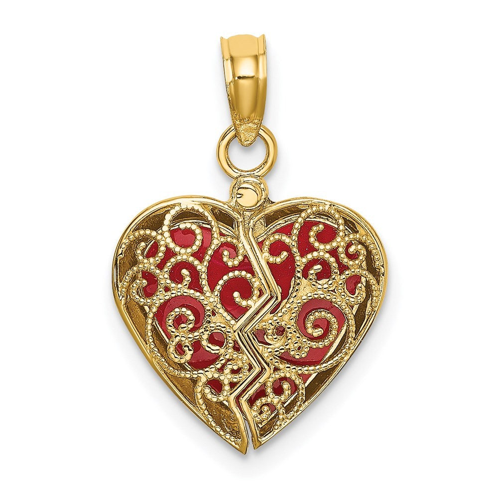 14k Yellow Gold Red Enameled 3-D Reversible Filigree Heart That Opens Charm