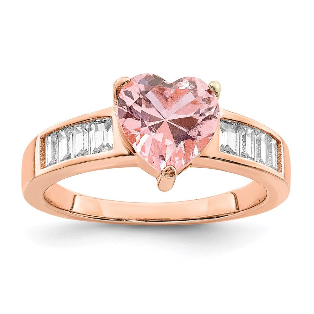 Sterling Silver Rose-plated Crystal Heart and Cubic Zirconia Baguette Ring SZ 6