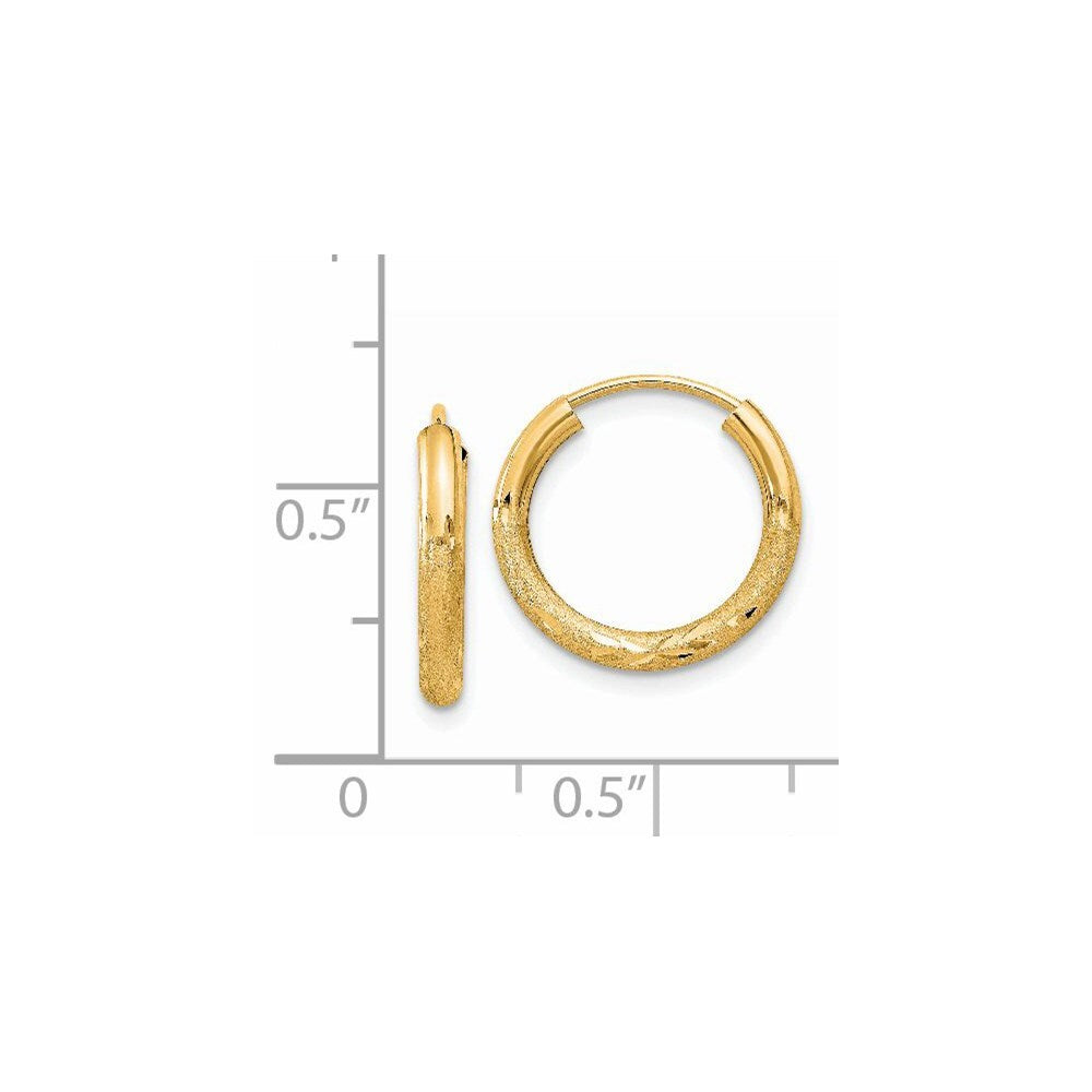 14k Yellow Gold 2mm Satin Diamond-cut Endless Hoop Earrings Gift for Women