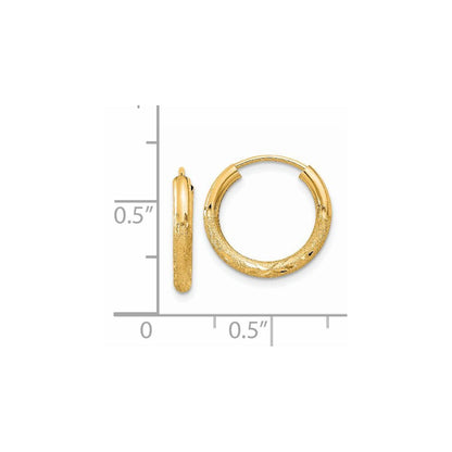 14k Yellow Gold 2mm Satin Diamond-cut Endless Hoop Earrings Gift for Women