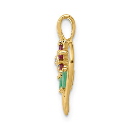 14k Yellow Gold Siam Ruby/Emerald/Diamond Flower in Heart Pendant