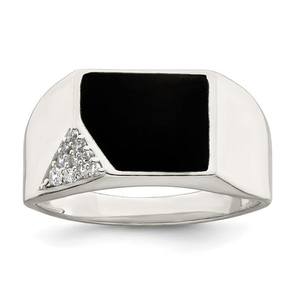 Sterling Silver Black Enameled and CZ Mens Ring Size 11