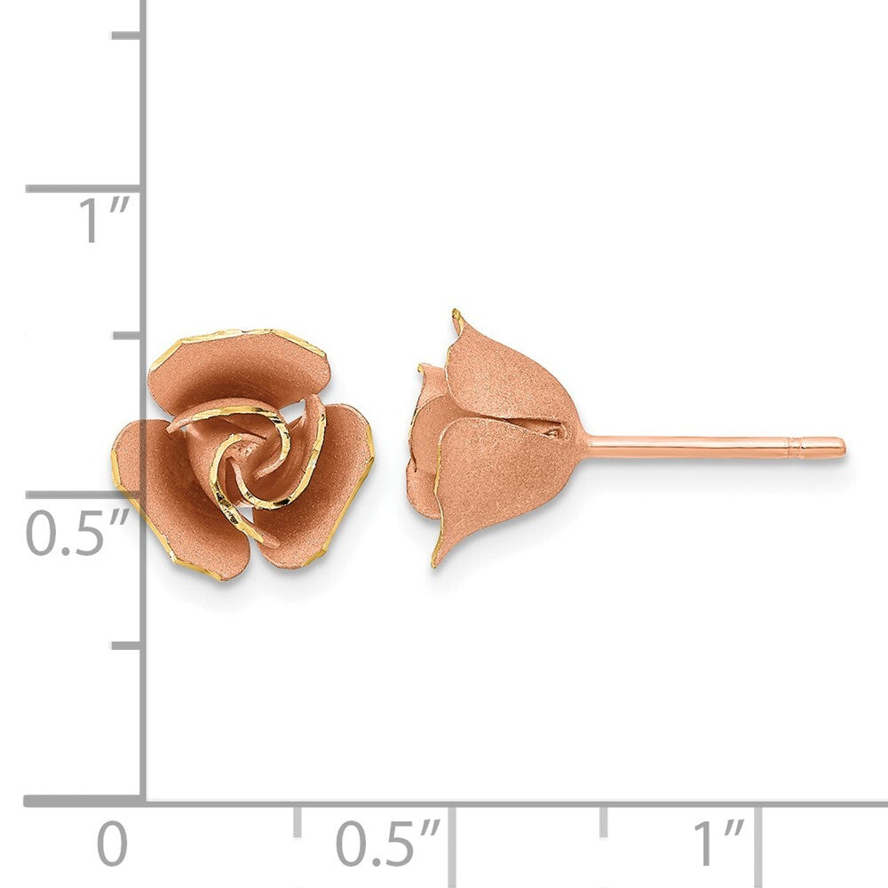 14k Yellow Gold Rose Rhodium Satin Finish Diamond-Cut Rose Stud Earrings