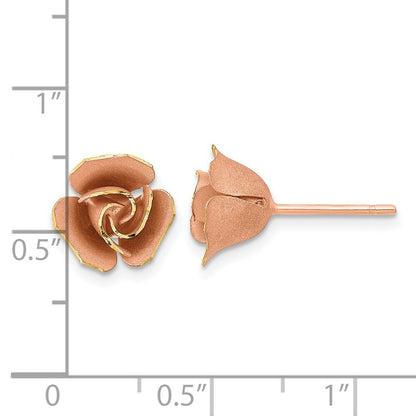 14k Yellow Gold Rose Rhodium Satin Finish Diamond-Cut Rose Stud Earrings