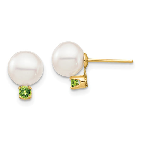 14k Yellow Gold 7mm Round Freshwater Cultured Pearl and Peridot Stud Earrings
