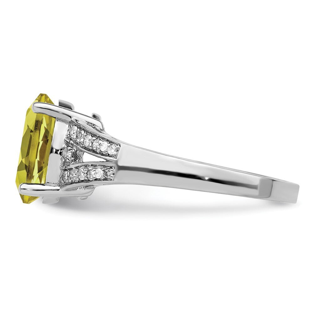 Sterling Silver Rhodium Diamond & Oval Lemon Quartz Ring Size 7