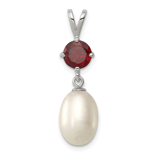 Sterling Silver 8-9mm White Freshwater Cultured Pearl and 1.00GA Garnet Pendant