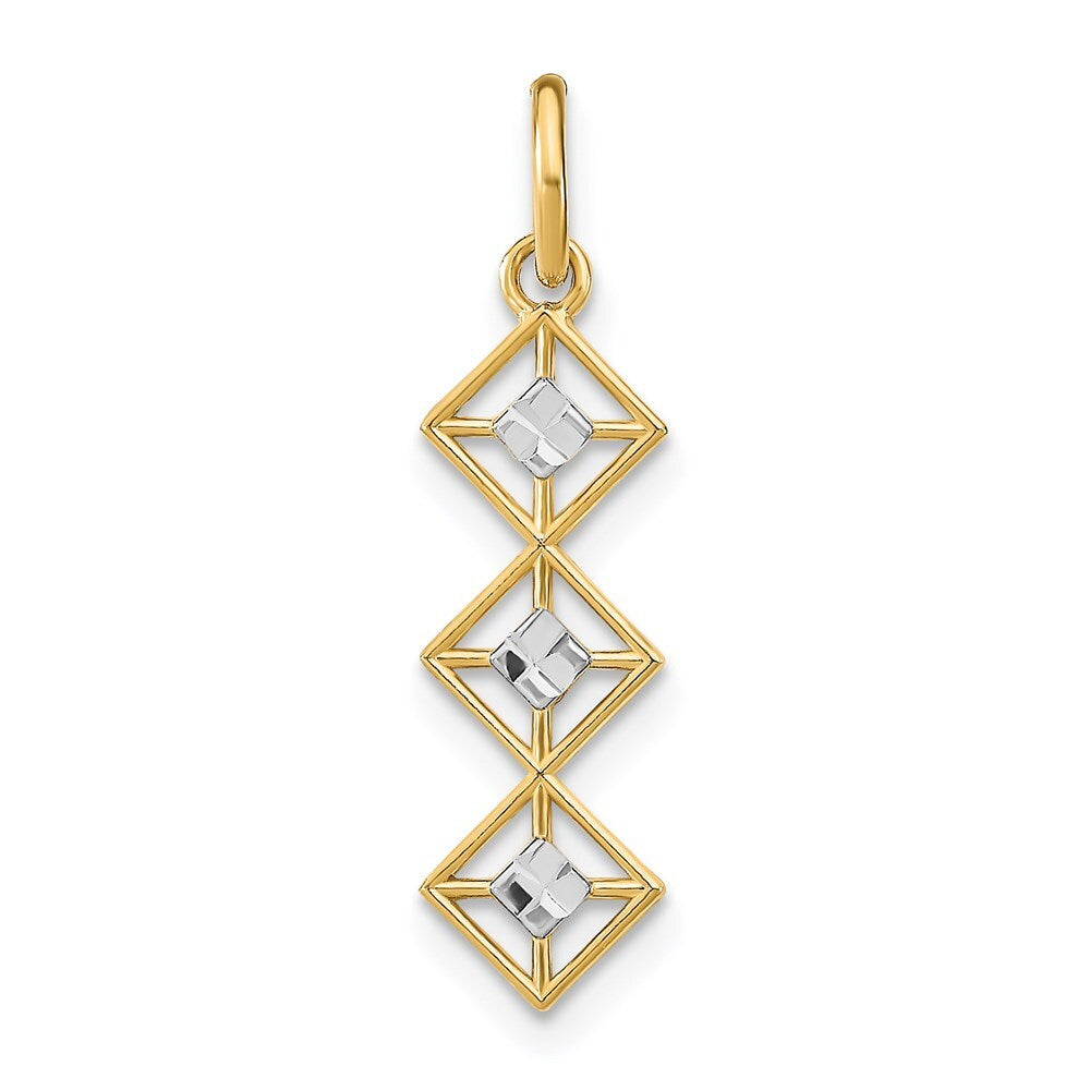 14k Yellow Gold Rhodium and Diamond-Cut 3 Diamond Shapes Charm Pendant for Women