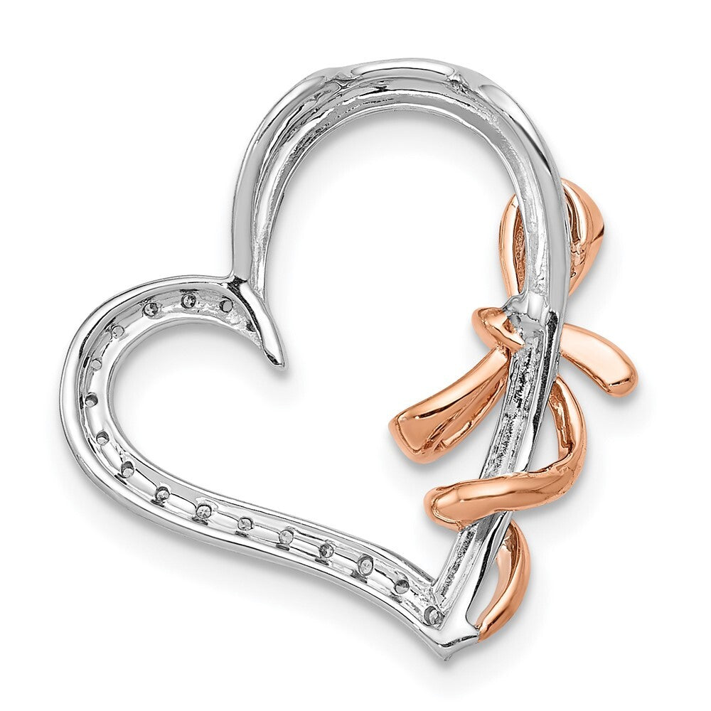 14k Two-tone Gold White and Diamond Polished Heart Bow Chain Slide Pendant