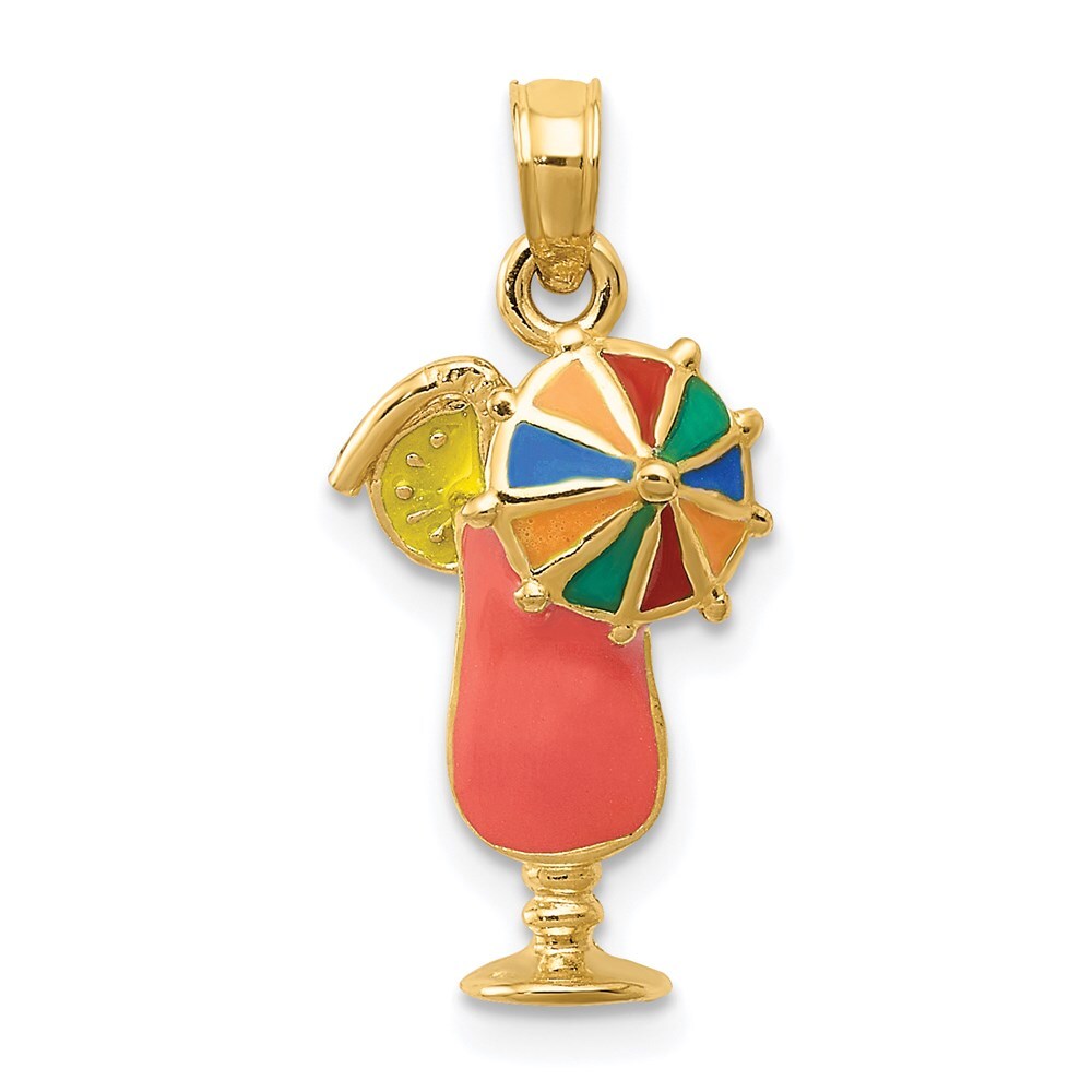 14k Yellow Gold Pink Enameled Tropical Drink Pendant for Women