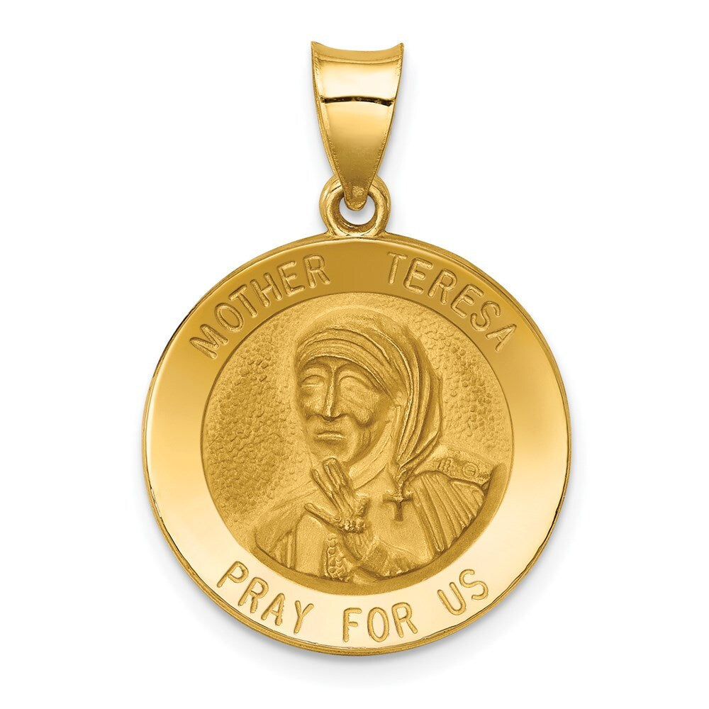 14k Yellow Gold Polished and Satin Mother Teresa Medal Hollow Pendant for Women