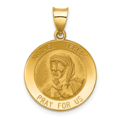 14k Yellow Gold Polished and Satin Mother Teresa Medal Hollow Pendant for Women