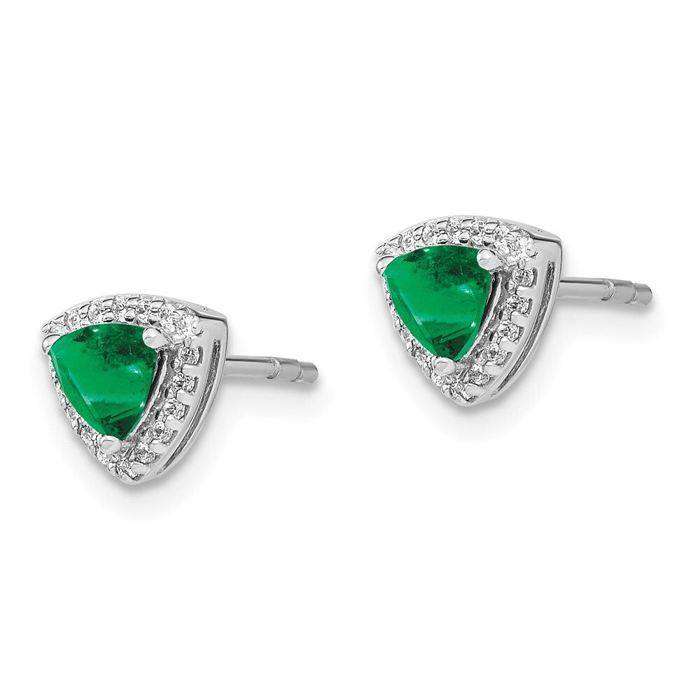 14k White Gold Trillion Emerald and Diamond Halo Stud Earrings