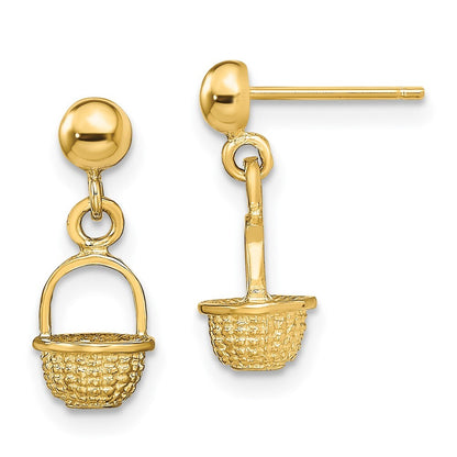 14k Yellow Gold 3-D Mini Basket Drop Stud Earrings Gift for Women